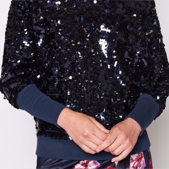 Joie “Aldwyn” Batwing Bishop Sleeve Ribbed Cuff Midnight Navy Sequin Sweatshirt - Picture 12 of 13